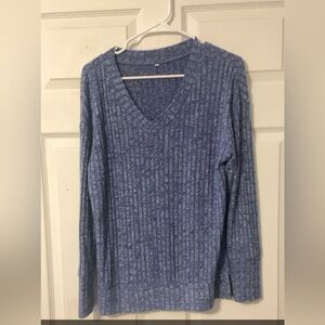 Blue Ribbed V-Neck Sweater